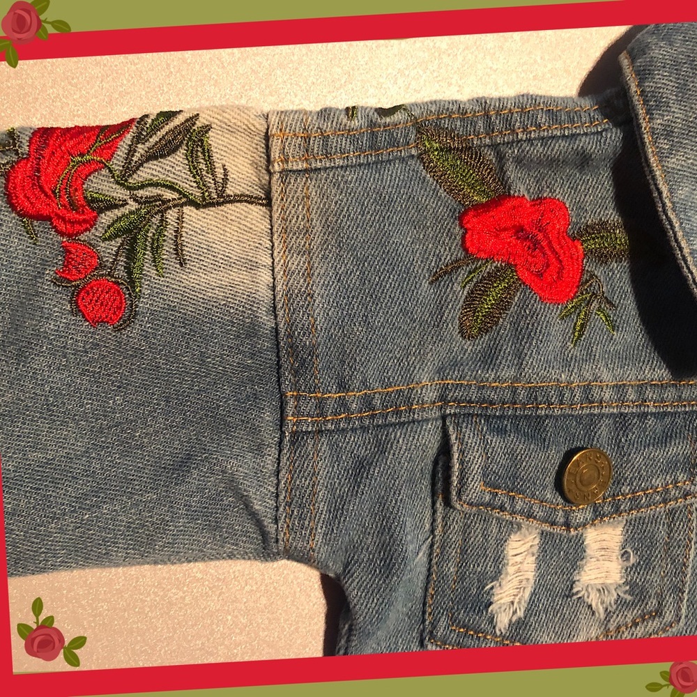 Distressed Jean Jacket w/ Embroidered Roses - Picture 3 of 7
